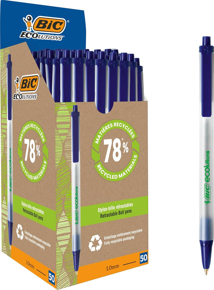 BIC Kugelschreiber Set ECOlutions Clic Stic, in Blau, Strichstärke 0,32 mm, 50er Pack, Ideal für das