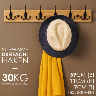 LARHN Garderobenhaken Holz - Garderobenleiste Holz mit 6 Haken in Schwarz - 59 cm - Kleiderhaken Wan