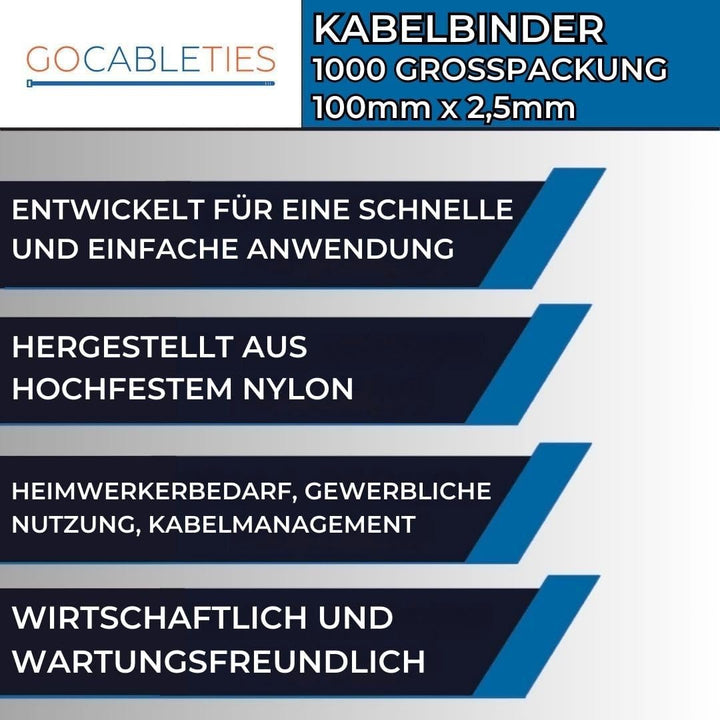 Gocableties Kabelbinder 1000 Stück Schwarz, 150 mm x 3,6 mm mit 18,2 kg Zugfestigkeit, kleine Grösse
