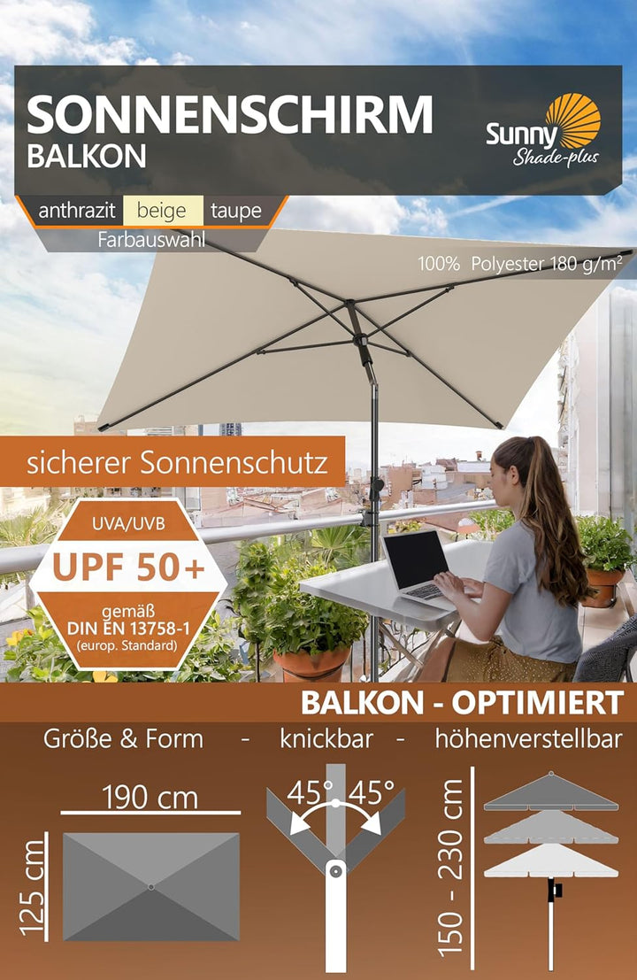 4smile Sonnenschirm Balkon SunnyShade Plus, Sonnnenschutz Balkon SET 3-in-1, Beige - UV50+ Sonnensch