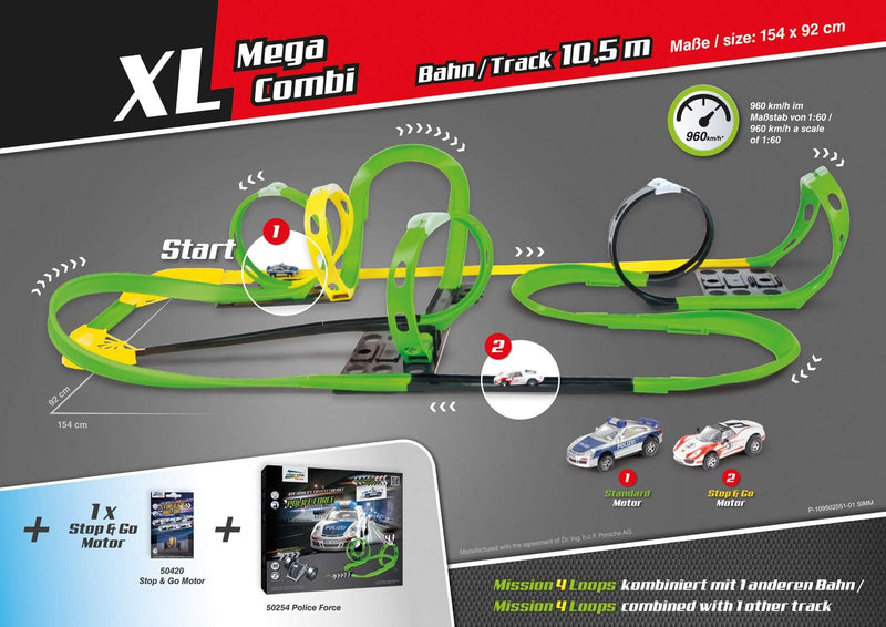 Darda 50255 Rennbahn Set Mission 4 Loops, Autorennbahn Autos, Rennstrecke ca. 6,90 Meter, Bahn mit 4