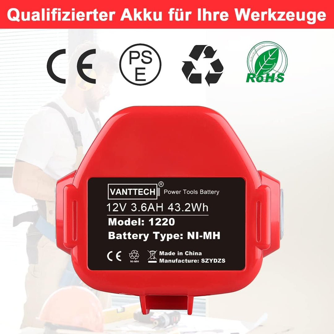 VANTTECH 12V 3,6Ah NI-Mh Ersatz für Makita Akku 1220 1222 PA12 1233S 1234 1233 1235 1235B 1235F 1926