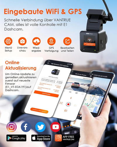 VANTRUE E1 1944P Mini Dashcam Auto WiFi GPS, Dash Cam Fernbedienung 2K/ 1440P HDR Autokamera Sprachs