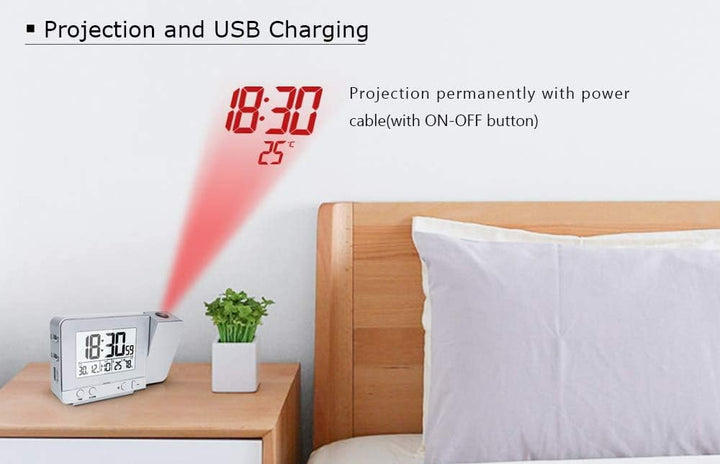 VORRINC Projektionswecker Digital Uhr mit USB Anschluss, Innentemperaturanzeige und Datumsanzeige, 4