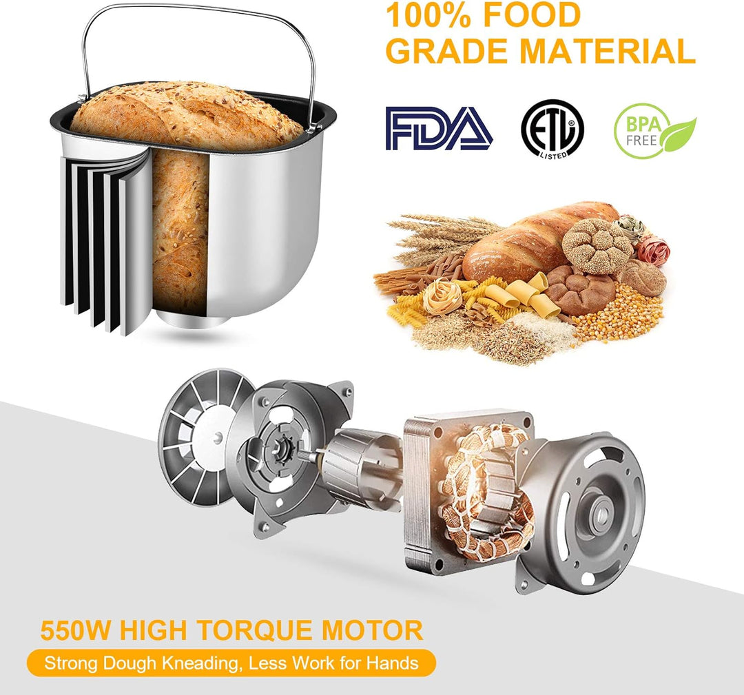 Meykey Brotbackautomat mit 25 Backprogrammen, 13-Stunden-Timer, Edelstahl, 550 W