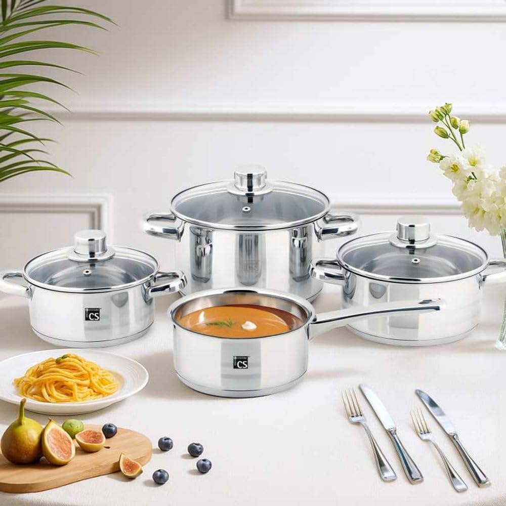 KOCHTOPF-SET mit Glasdeckel 7-teilig Edelstahl rostfrei, hochglänzend mit satinierten Streifen und K