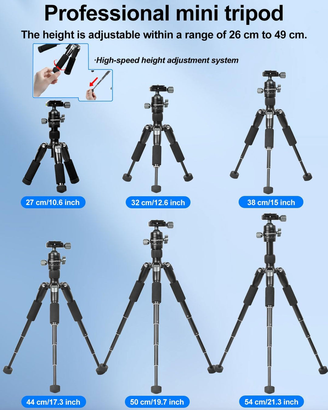 CAMBOFOTO Mini Stativ Kamera 52cm aus Aluminium mit 360° Kugelkopf | Tripod für Kamera und Smartphon