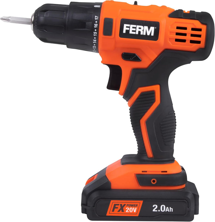 FERM AX-Power Akku-Bohrschrauber 20V – 36 Nm, 2-Gang Getriebe, 2,0 Ah Li-Ion Akku, Schnellspannbohrf