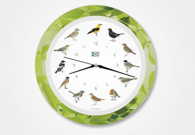 KOOKOO Singvögel Quarzwerk Leaf, Die Singende Vogeluhr, runde Wanduhr mit natürlichen Vogelstimmen,