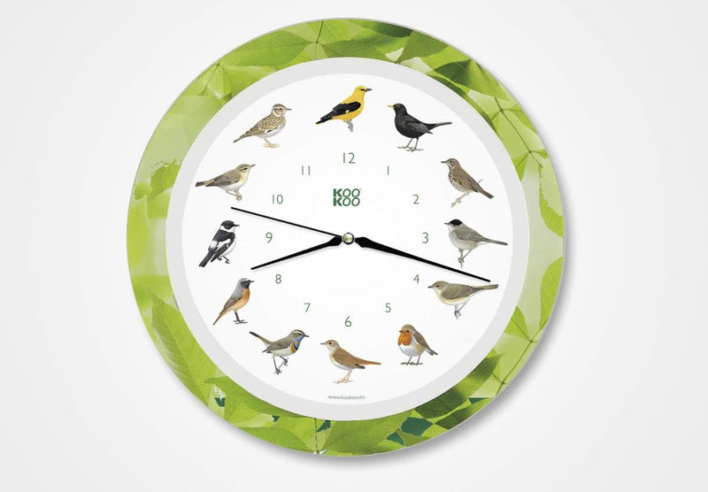 KOOKOO Singvögel Quarzwerk Leaf, Die Singende Vogeluhr, runde Wanduhr mit natürlichen Vogelstimmen,