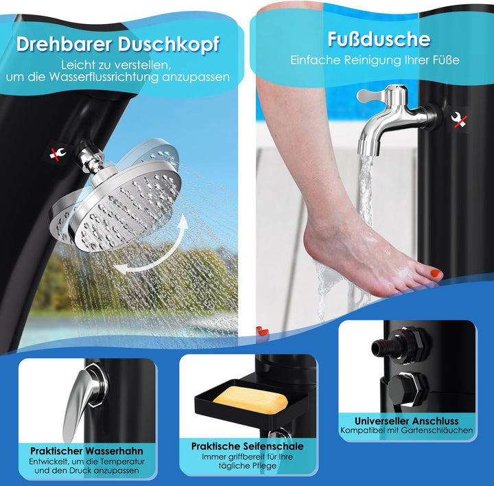 Solardusche Bogen Gartendusche 35 Liter max. 60°C mit Schutzhaube, Duschkopf 360° und Wasserhahn, Ga