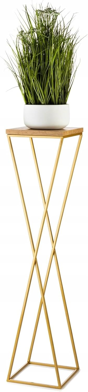 Pflanzenständer Metall 100 cm Hoch - Stabiler und Fester Blumenhocker mit Eiche Optik MDF-Platte auf