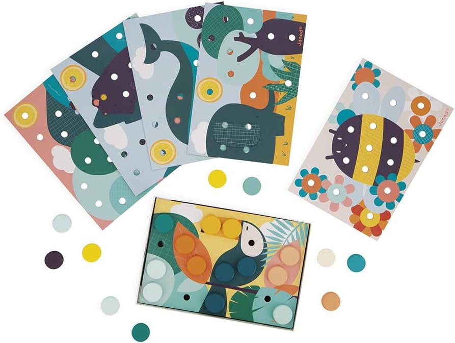 Janod - Meine ersten Mosaike aus Holz - Entwicklungsspielzeug - 6 Lochkarten und 38 Holzfiguren - Fa