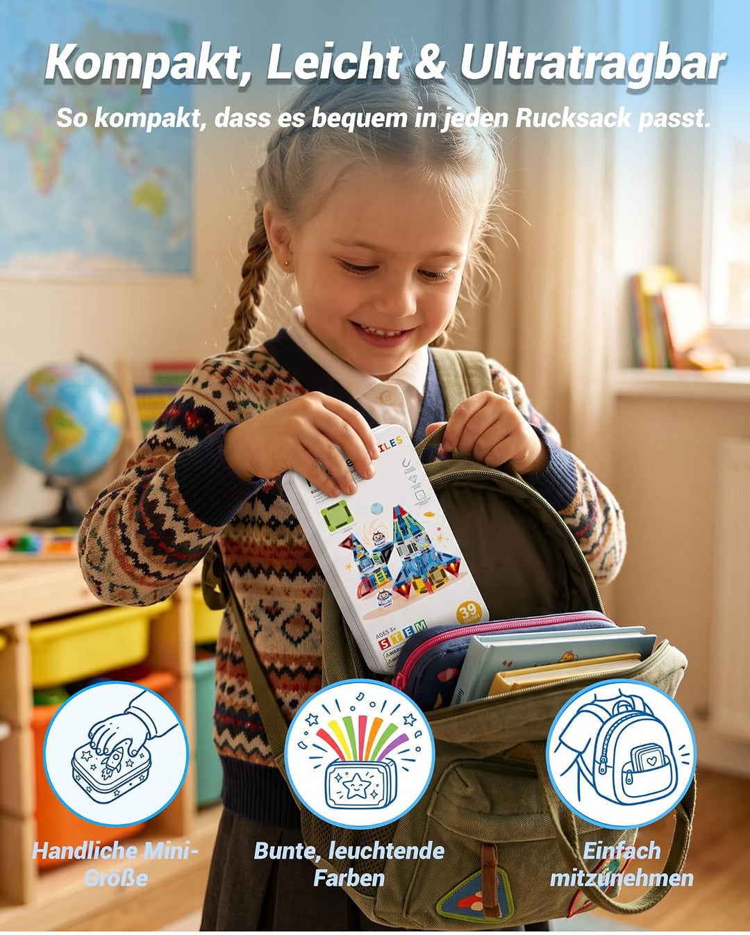 Mini Magnetische Bausteine Reiseset mit Metallbox, 39 Teile Magnetbausteine Rakete, Rakete