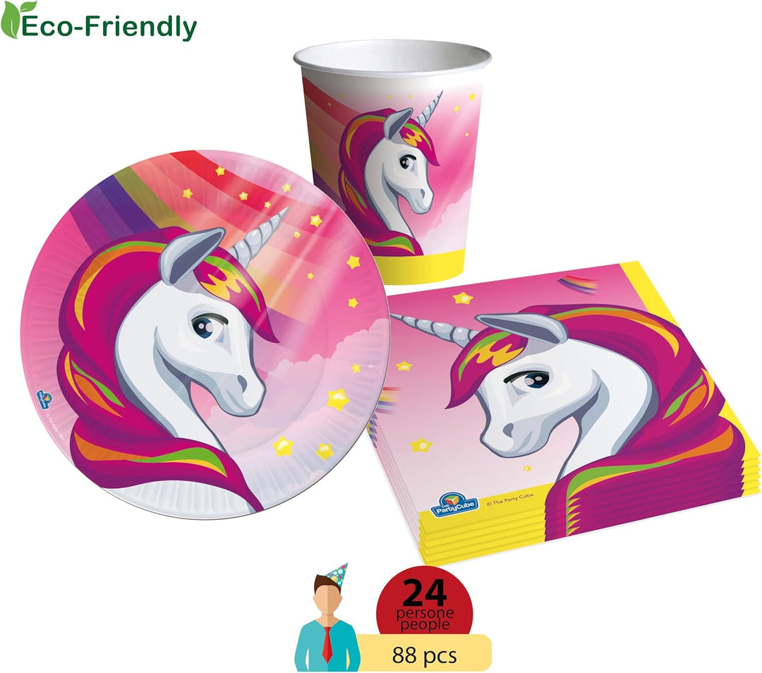 Partygeschirr Party-Set Einhorn Unicorn für 24 Personen (88 pcs: 24 Pappteller Ø18cm, 24 Becher 250m