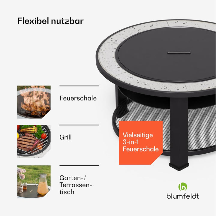 Blumfeldt Merano Circolo Feuerschale - 3-in-1 Feuerschale Mit Grillrost & Tisch, Robuster Stahlrahme