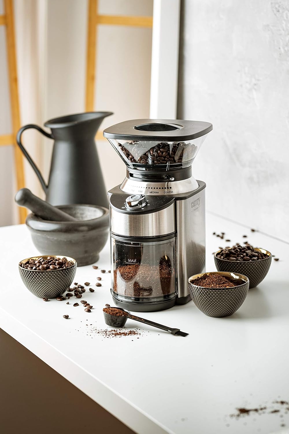 Adler CAMRY CR 4443 Kaffeemühle mit Kegelmahlwerk, 200W, Gehäuse aus Edelstahl, 16 Mahlgrade, Volume