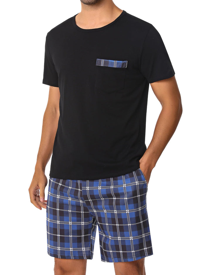 Schlafanzug Herren Kurz aus Baumwolle mit Kontraststreifen Design, Sommer Pyjama Set Oberteile und K