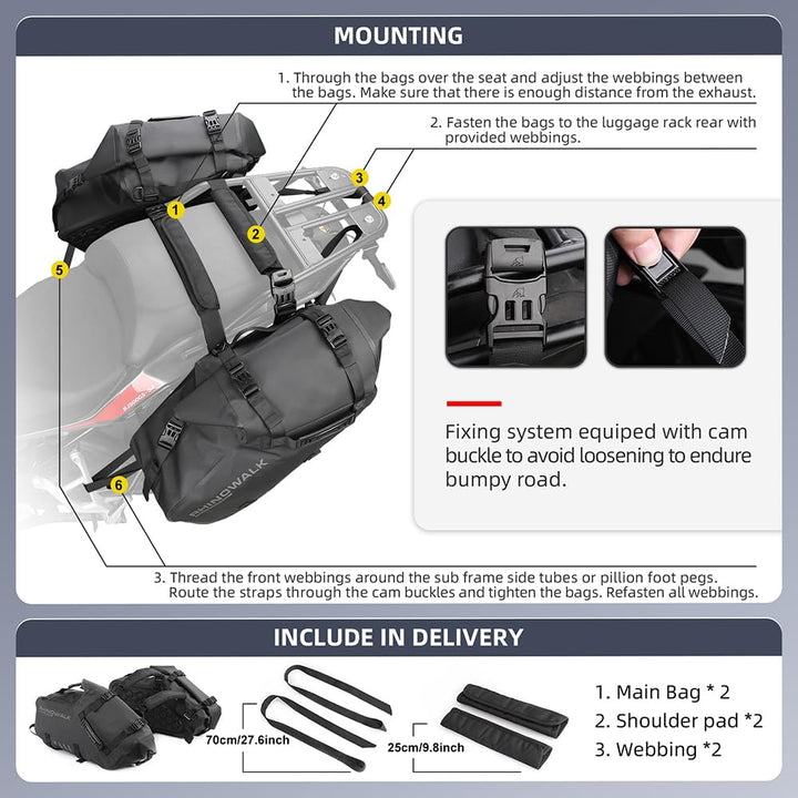 Rhinowalk Motorrad-Satteltaschen Gepäckträgertasche 28L (14L*2) wasserdichte Anti-Vibrations-Motorse