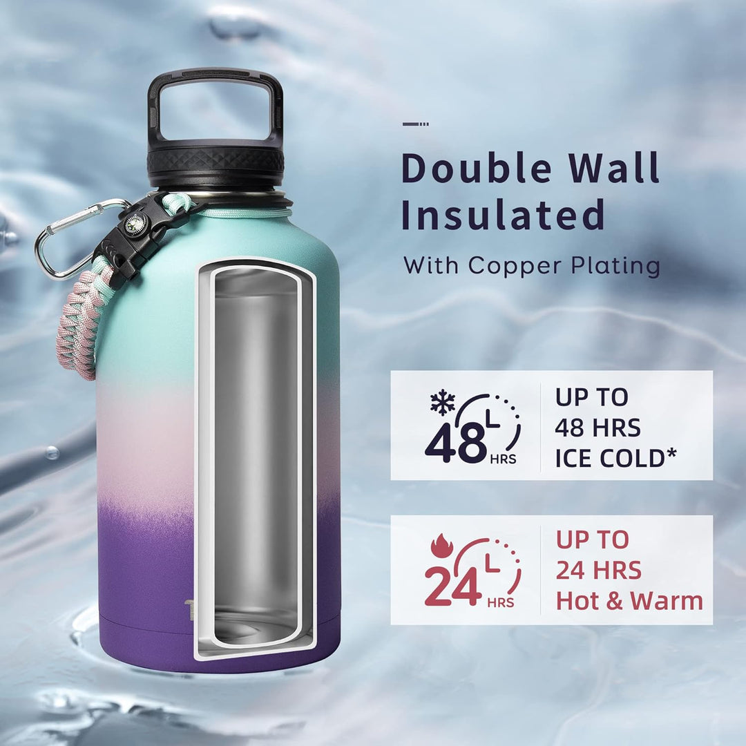 Trebo Wasserflasche 1.8 l mit Paracord-Griff, halbe Gallone, lebensmittelechter, doppelwandiger Vaku