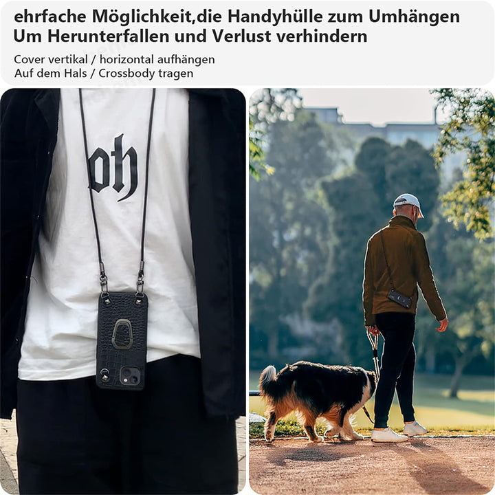 qichenlu Magnethalter Handyhülle mit Band für iPhone 14,Niete Echtleder Backcover Abnehmbare Handyke
