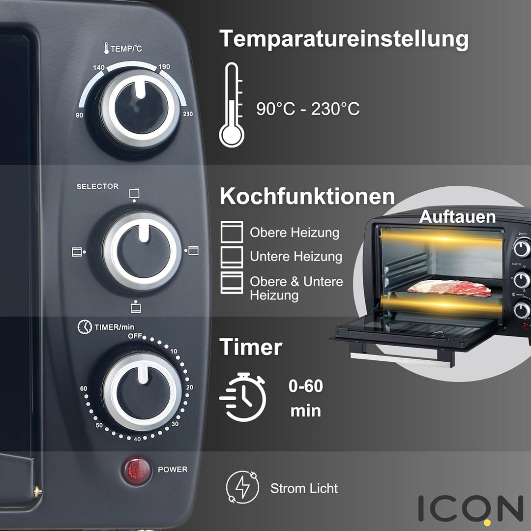 ICQN Kompakter Minibackofen 15 Liter, 1200W, 60 min-Timer, 3 Kochfuntionen, 90°-230°C, Kleiner Campi