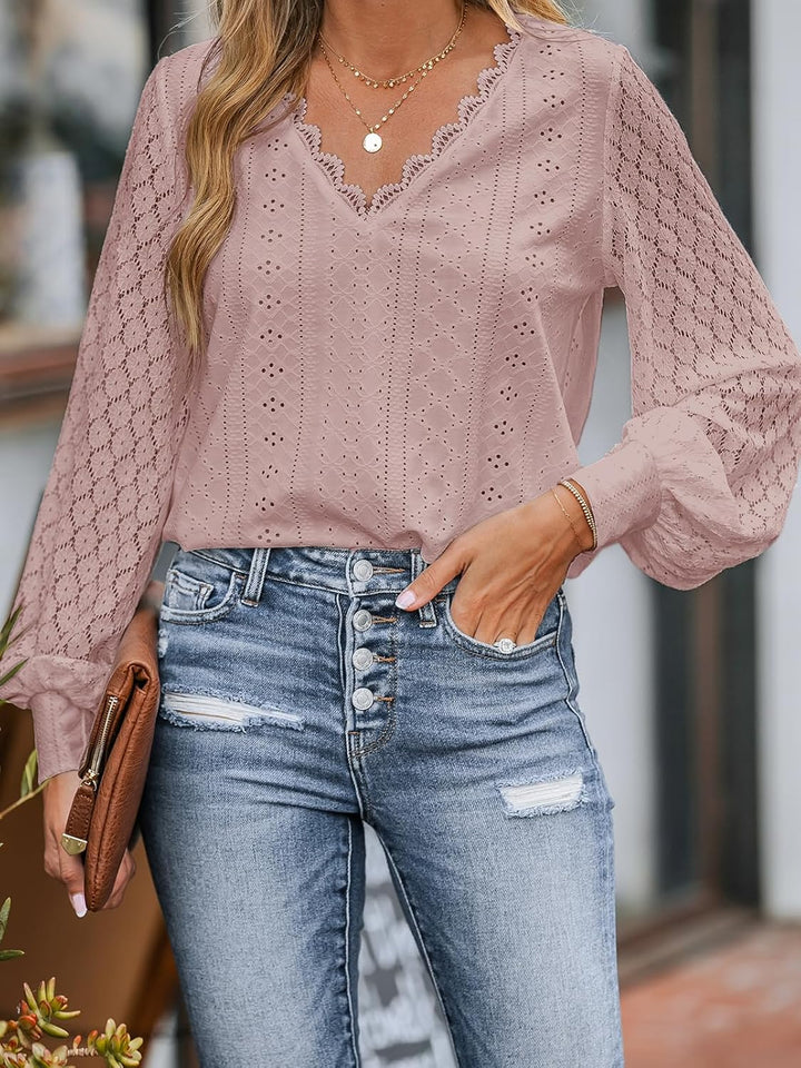 CUPSHE Damen Blusen V-Ausschnitt Spitzen Wellenkante Puffärmel Langarmshirt Lässige Lace Oberteile T