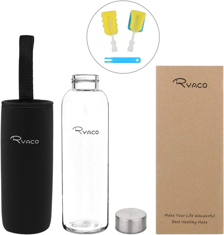 Ryaco Trinkflasche aus Glas 550ml/750ml/1000ml/1L,Glasflasche mit Neoprenhülle,Glastrinkflasche mit