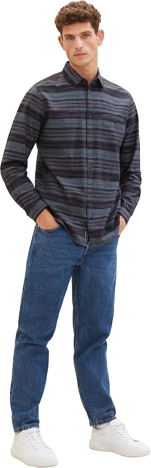 TOM TAILOR Herren Regular Fit Chambray Hemd aus Baumwolle, 32282 - Navy Irregular Cross Stripe