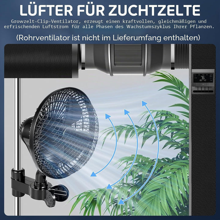 Grow Ventilator Oszillierender Clip Ventilator 6'' Mini Fan, Klemmbarer Grow Lüfter für Growzelt&Gro