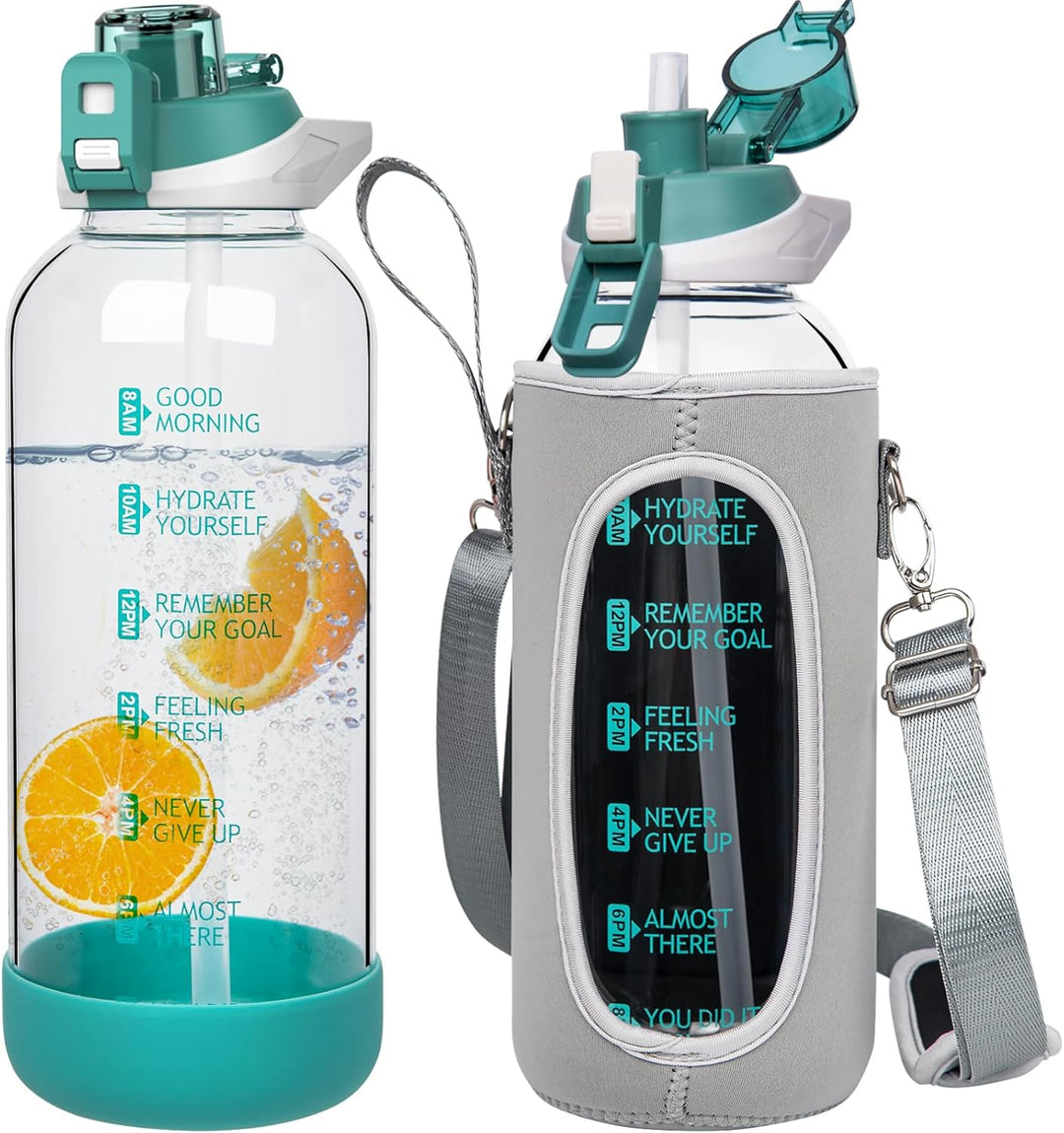 Seekua 1.5 liter Sport Trinkflasche Glas Flasche mit Strohhalm & Zeitmarkierung auslaufsicher bpa fr