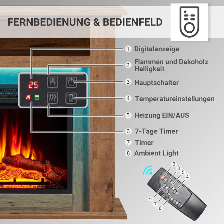 Elektrokamin BALDERIA Liora - Elektrischer Standkamin mit Ablagefach, 3D-Flammeneffekt, LED-Ambiente