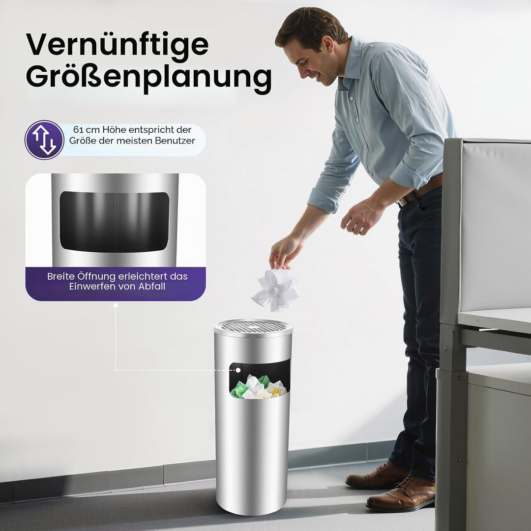 2-in-1 Standaschenbecher für draussen Mülleimer mit Aschenbecher 60,5 x 24,5 cm 30 L Grau,Wasserdich