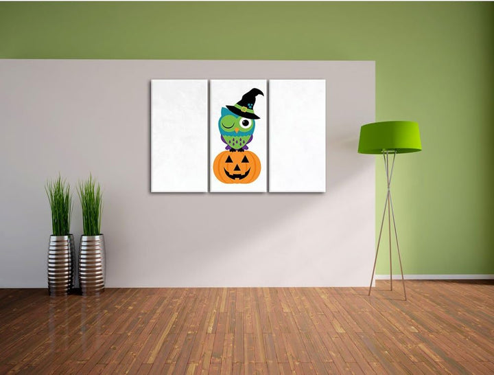 Pixxprint Lustige Hexen Eule weiss 3-Teiler Leinwandbild 120x80 Bild auf Leinwand