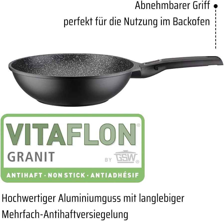 GSW 167826 Easy Click Wokpfanne mit abnehmbarem Griff, Aluminium, schwarz - ⌀28 cm