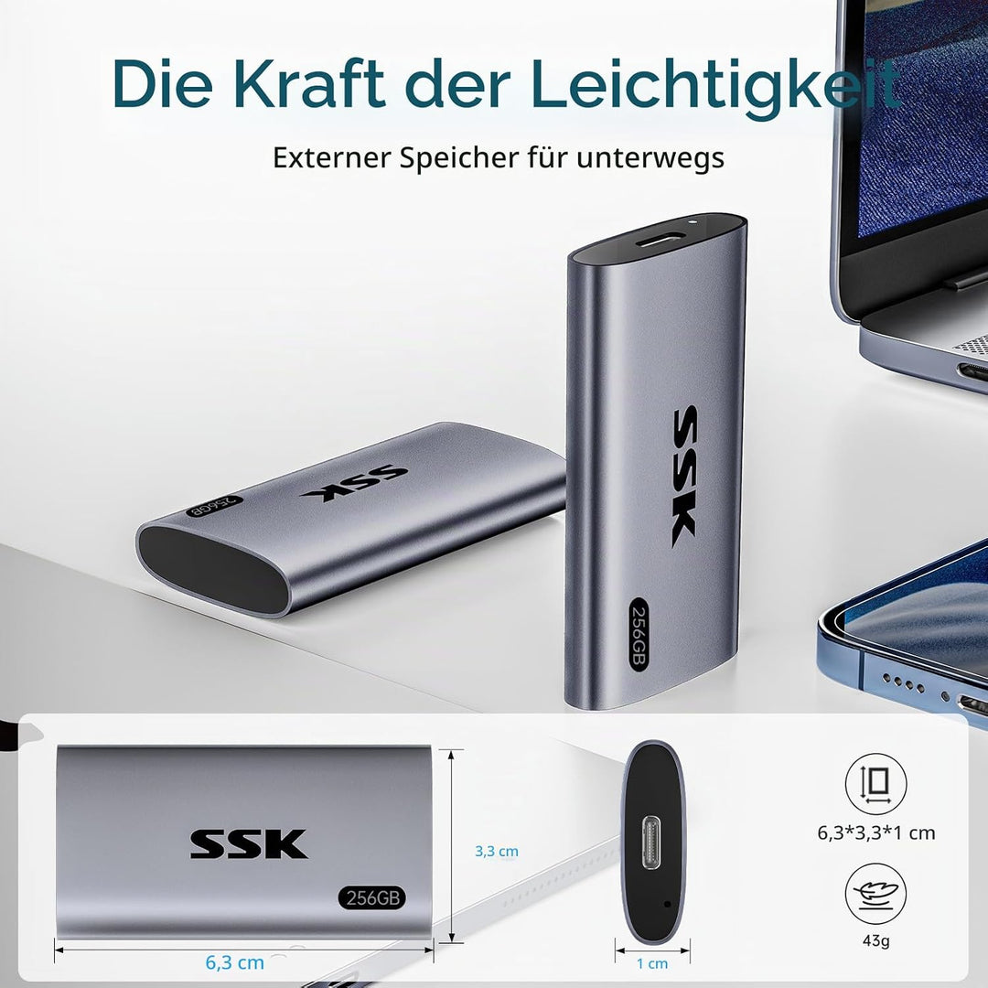 SSK Externe SSD 256GB, USB 3.2 Gen2 Portable SSD, bis zu 550 MB/s, Externe Festplatte mit USB C&A 2