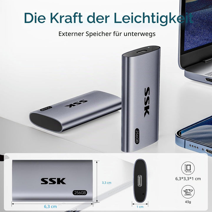 SSK Externe SSD 256GB, USB 3.2 Gen2 Portable SSD, bis zu 550 MB/s, Externe Festplatte mit USB C&A 2