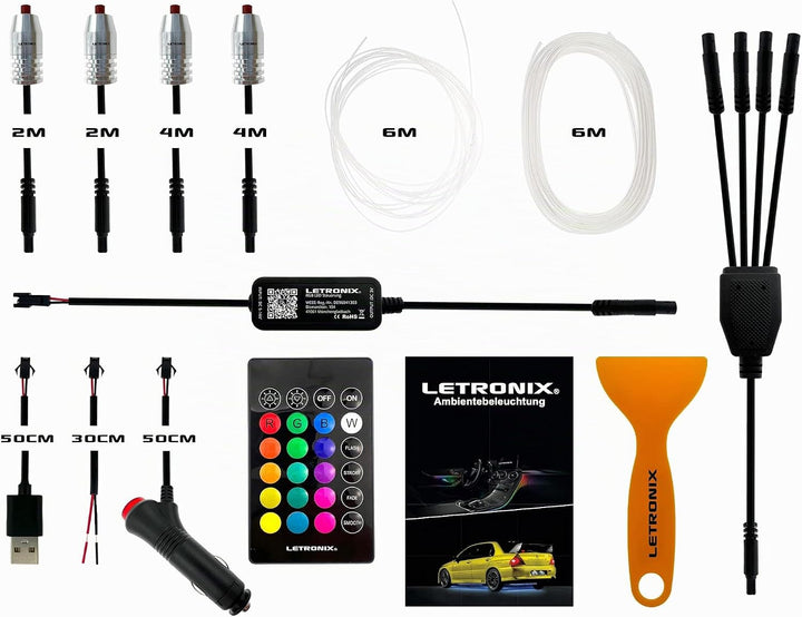 letronix RGB LED Ambientebeleuchtung *Wired Serie* 4 LED Module 6M Lichtleiter mit Bluetooth App Ste