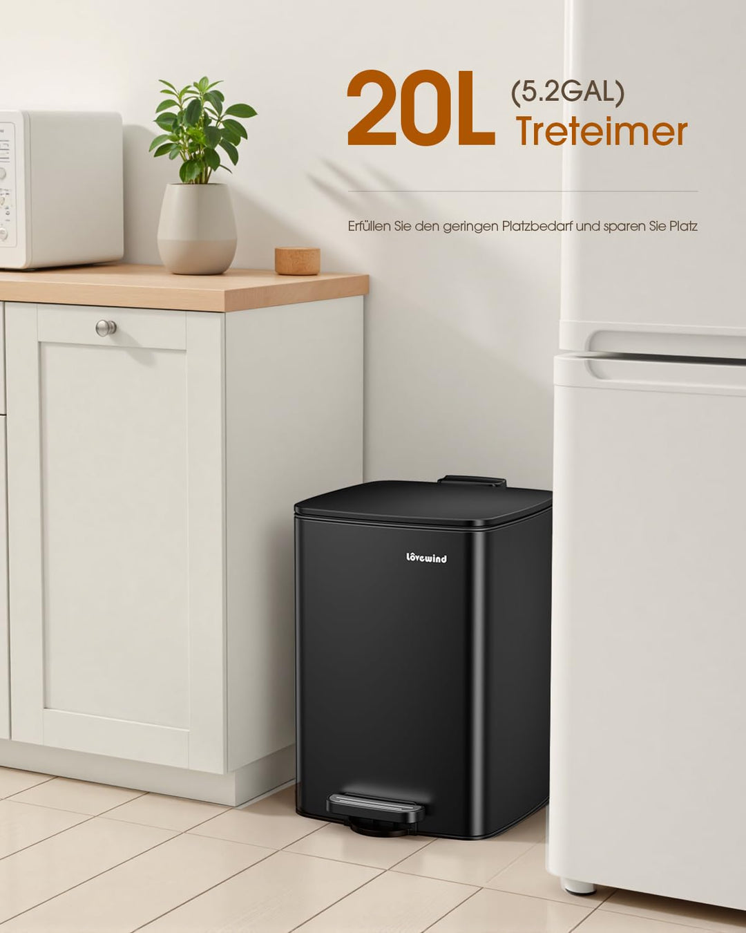 lovewind Küchenabfalleimer, 20L Schwarzer Mülleimer aus Edelstahl mit Pedal, mit Deckel und Inneneim