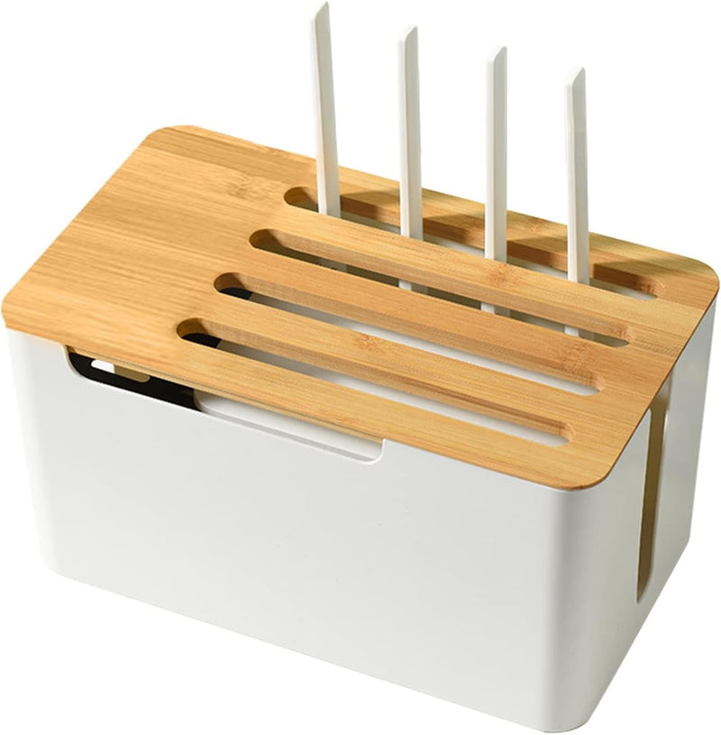 Buachois Kabelmanagement Box mit Holz Deckel und Regal, 31 x 18 x 16,5cm Weiss Kunststoff Kabelbox G