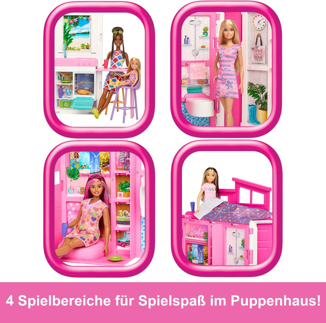 Barbie-Puppenhaus Spielset, Ferienhaus mit 4 Spielbereichen, darunter Küche, Badezimmer, Schlafzimme