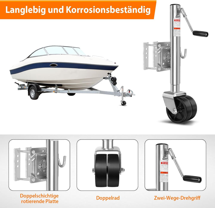 Anhänger Schwerlast Stützrad 57 mm Klappbar, Stützlast 680 kg mit Montiersatz und 6 Zoll Vollgummire
