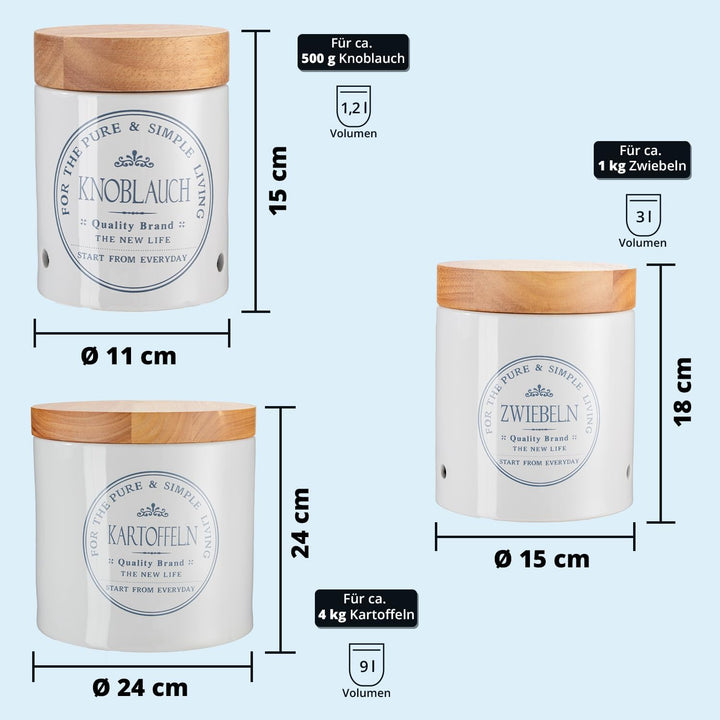 KHG Vorratsdosen Set Kartoffel-, Zwiebel- & Knoblauch, Keramik Steingut Weiss Holz-Deckel Bambus, Vo