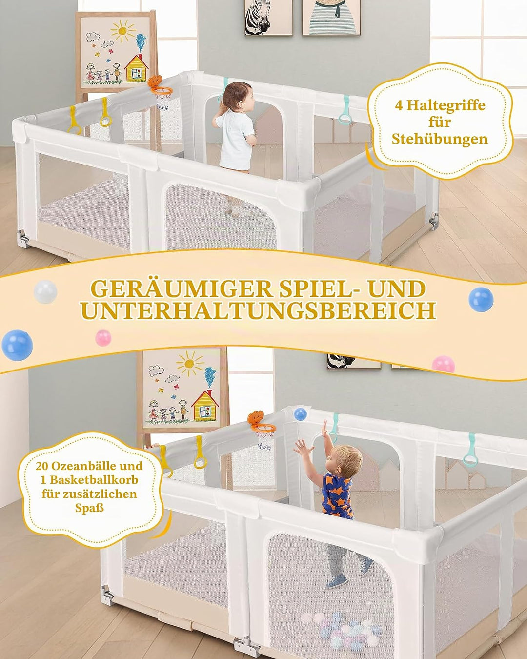 Grosser und Faltbarer Laufstall für Baby: 180 x 150 x 75 cm Playpen,für Drinnen und Draussen,mit 20