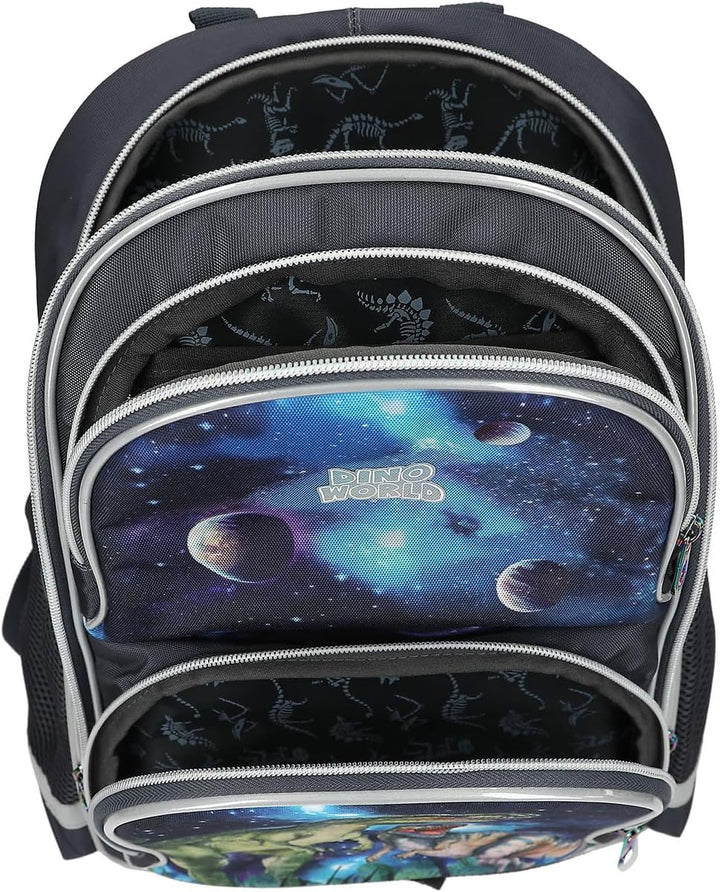 Depesche 13132 Dino World Galaxy - Schulrucksack in Dunkelblau, mit Dinosaurier Motiv, Planeten und