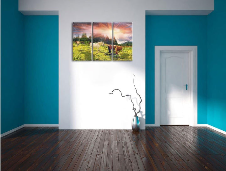 Pixxprint Mustangs Pferde auf den Bergen als Leinwandbild/Grösse: 3 Teilig (120x80 cm) cm/Wandbild/K