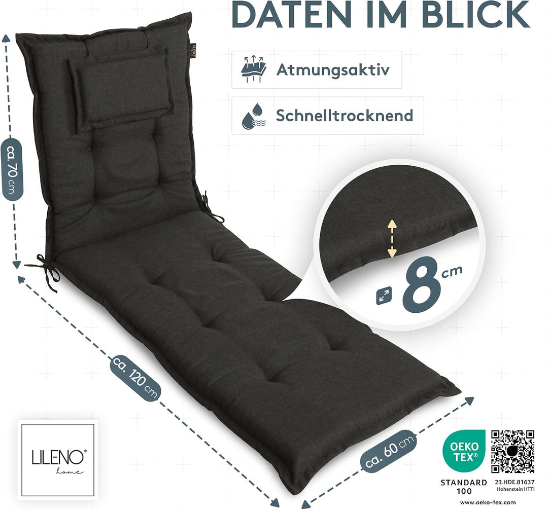 LILENO HOME Sonnenliege Auflage als [1er Set - Rollliege] in Anthrazit Y - Gartenliegen Auflage perf