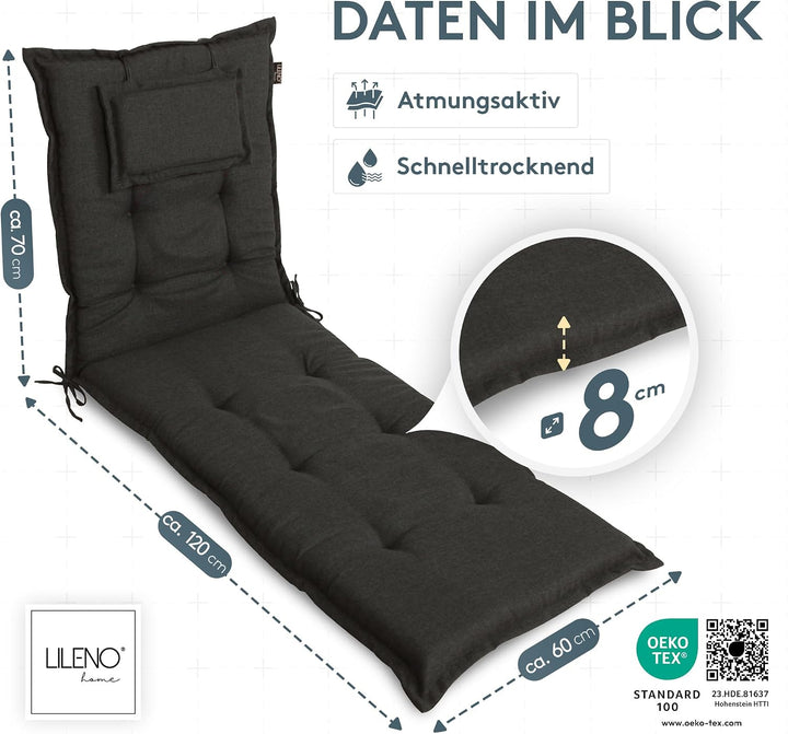 LILENO HOME Sonnenliege Auflage als [1er Set - Rollliege] in Anthrazit Y - Gartenliegen Auflage perf