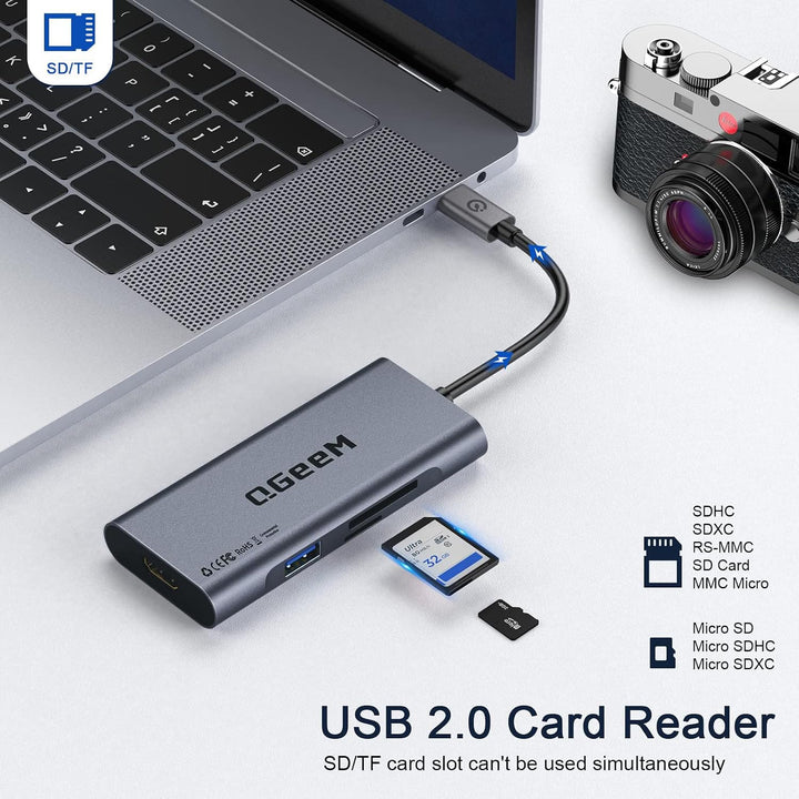 QGeeM USB C Hub, USB C auf HDMI Adapter, 4K 7 in 1 USB C Dongle mit 100W Stromversorgung, 3 USB 3.0