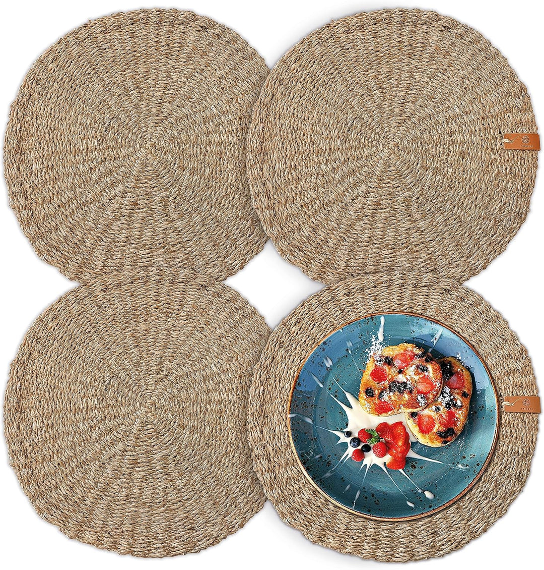 FRIHET® Platzsets rund aus Seegras für Tischdeko | Platzdeckchen für den Esstisch | 4er Tischset Nat